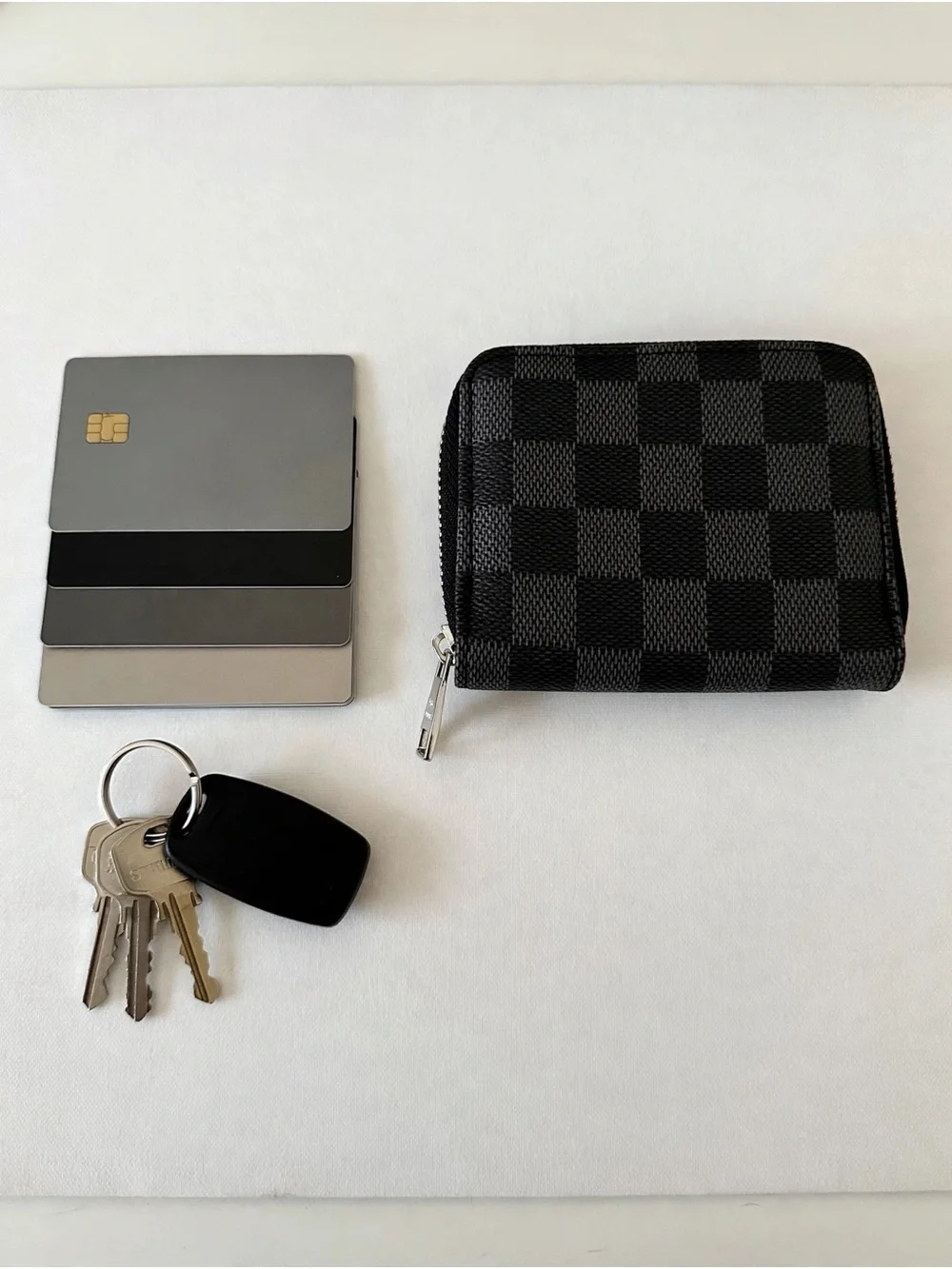 Graphite Check Zip Card Holder with Gold-Tone Pull